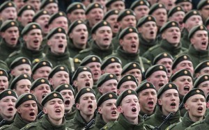 MOSCOW REGION, RUSSIA. APRIL 22, 2015. Russian Army soldiers chant as they march in formation at Alabino during a rehearsal of the upcoming 9 May Victory Day Parade. Sergei Savostyanov/TASS