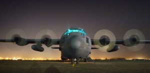 An U.S. Air Force Reserve C-130H Hercules aircraft starts its four turboprop engines at Sather Air Base, Iraq on 19 April.  The aircraft is from the 302 Airlift Wing, Peterson Air Force Base, CO.  It and other Air Force Reserve units are currently supporting the 746th Expeditionary Airlift Squadron, Southwest Asia supporting Operation Iraqi Freedom. (U.S. Air Force photo/Master Sgt. Lance Cheung)