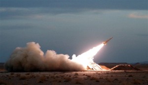 A surface-to-air missile is launched during military maneuvers at an undisclosed location in Iran.